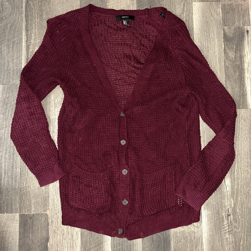 Forever 21 Cardigan Womens Medium Sweater V Neck Red Solid Burgundy Classic